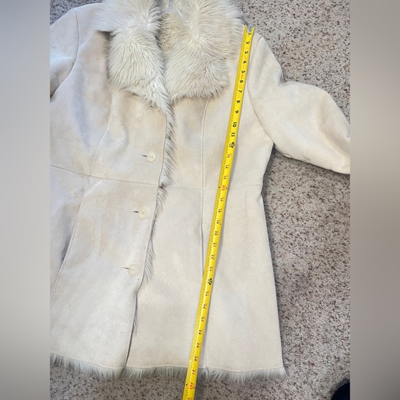 Beige Faux Suede Faux Fur Trim Button Front Penny Lane Coat Women's Large warm - Picture 10 of 13